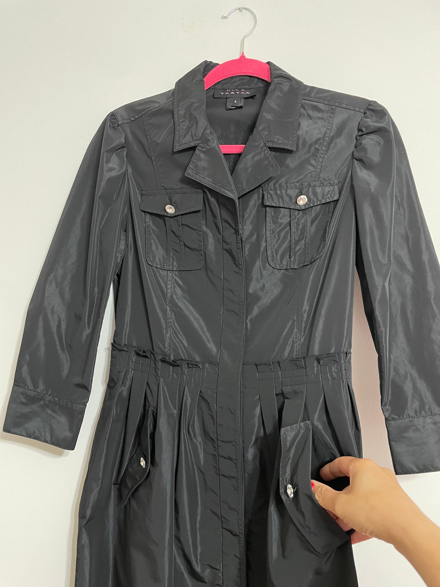 Pink Tartan Glossy Taffeta Black Collared Midi Shirt Dress Size 6