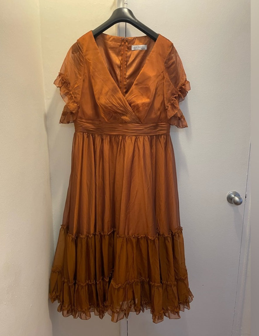 NWT Mac Duggal Ruffle-Trim Midi Dress Flutter Sleeves Rust Colored Size 16 $498
