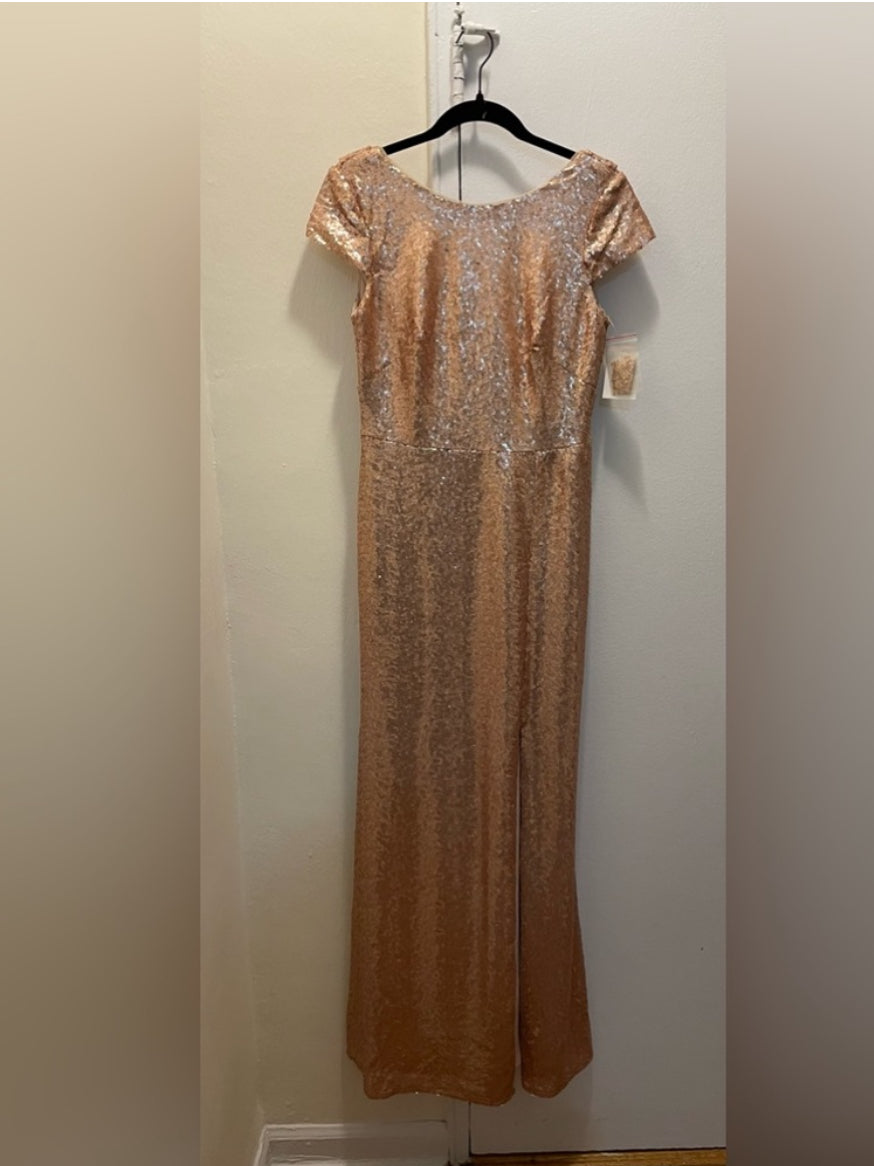 NWT DESSY COLLECTION Elle Rose Gold Sequin Maxi Dress Cowl Back Gown Size 6