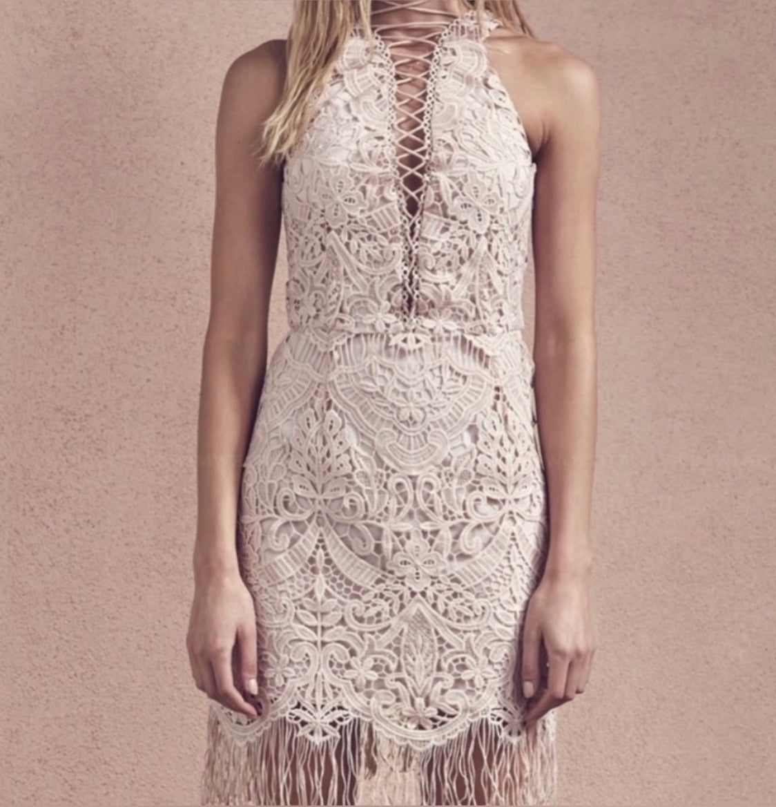 SAYLOR Elana Pink Lace V-Neck Mini Dress With Fringes Size XS