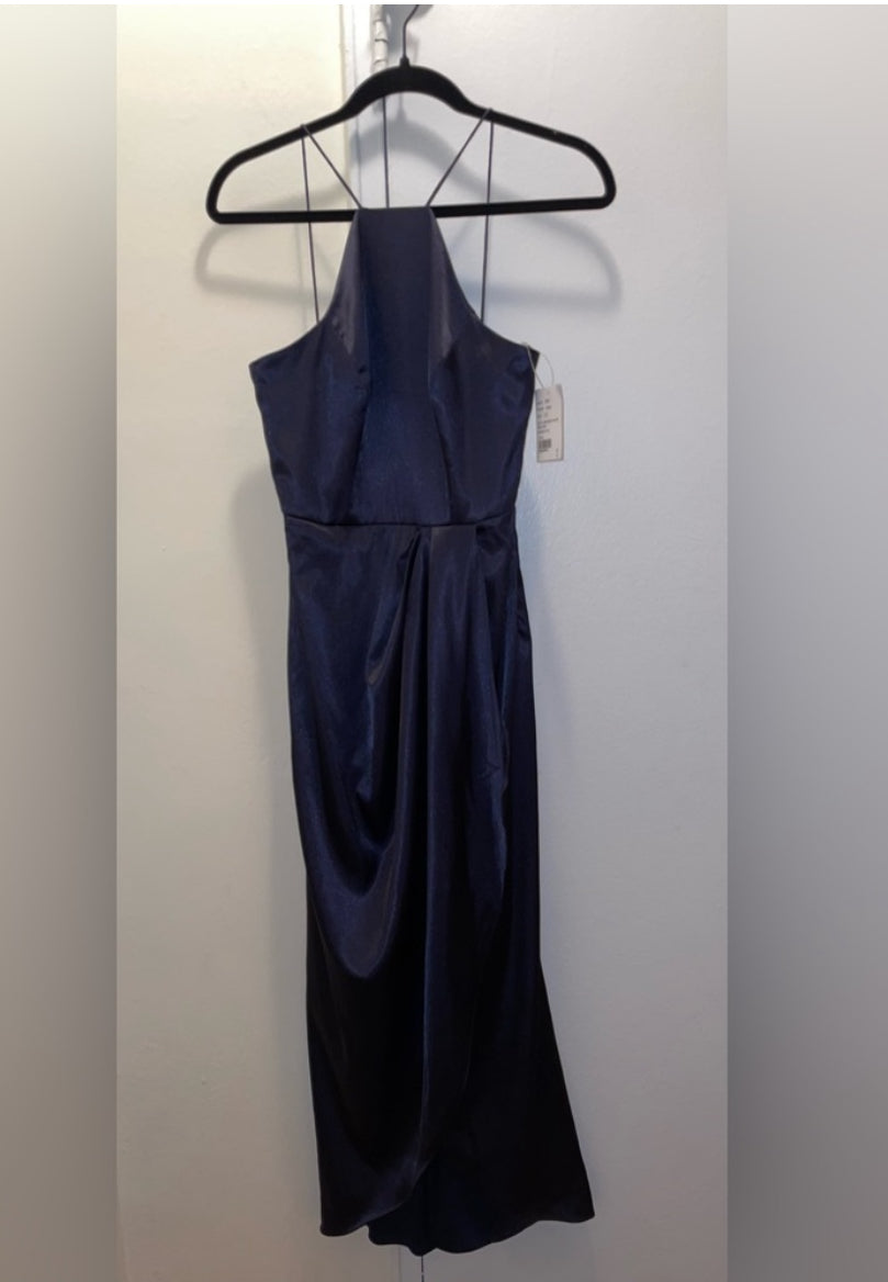 After Six Midnight Blue Charmeuse Halter Midi Dress Draped Tulip Skirt Sz 0 NWT