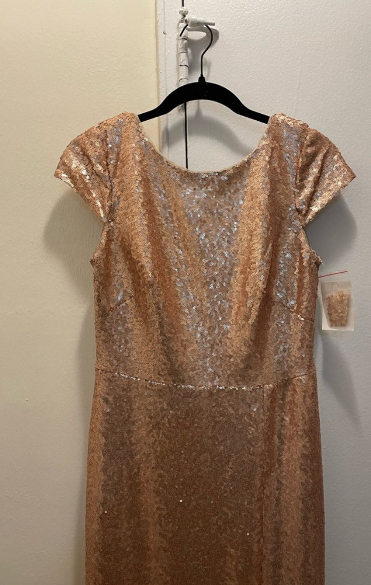 NWT DESSY COLLECTION Elle Rose Gold Sequin Maxi Dress Cowl Back Gown Size 6