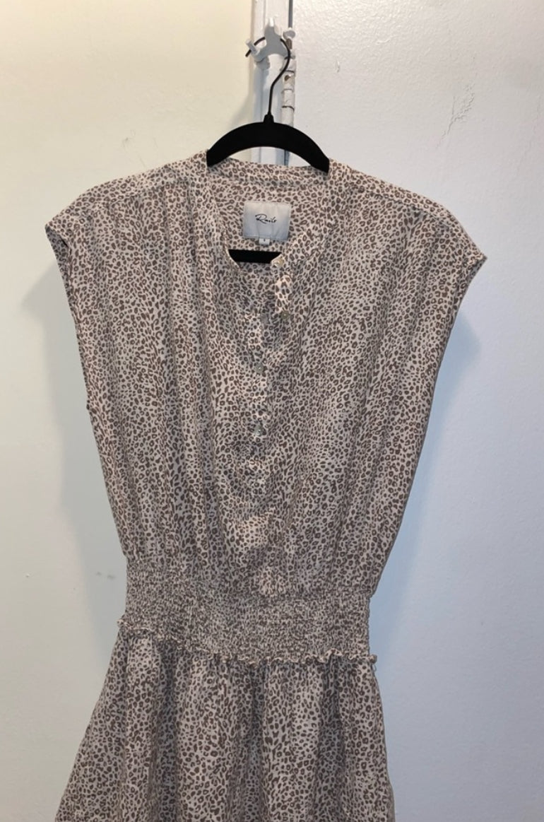 Rails Angelina Smocked Waist Tiered Mini Dress Sand Cheetah Linen Blend Size XS