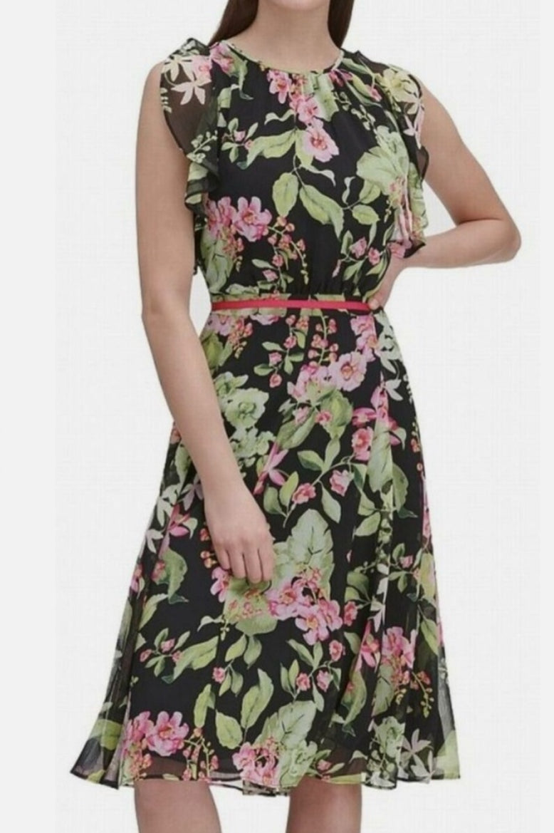 Tommy Hilfiger Floral Chiffon Ruffle Sleeveless Fit & Flare Midi Dress Size 6