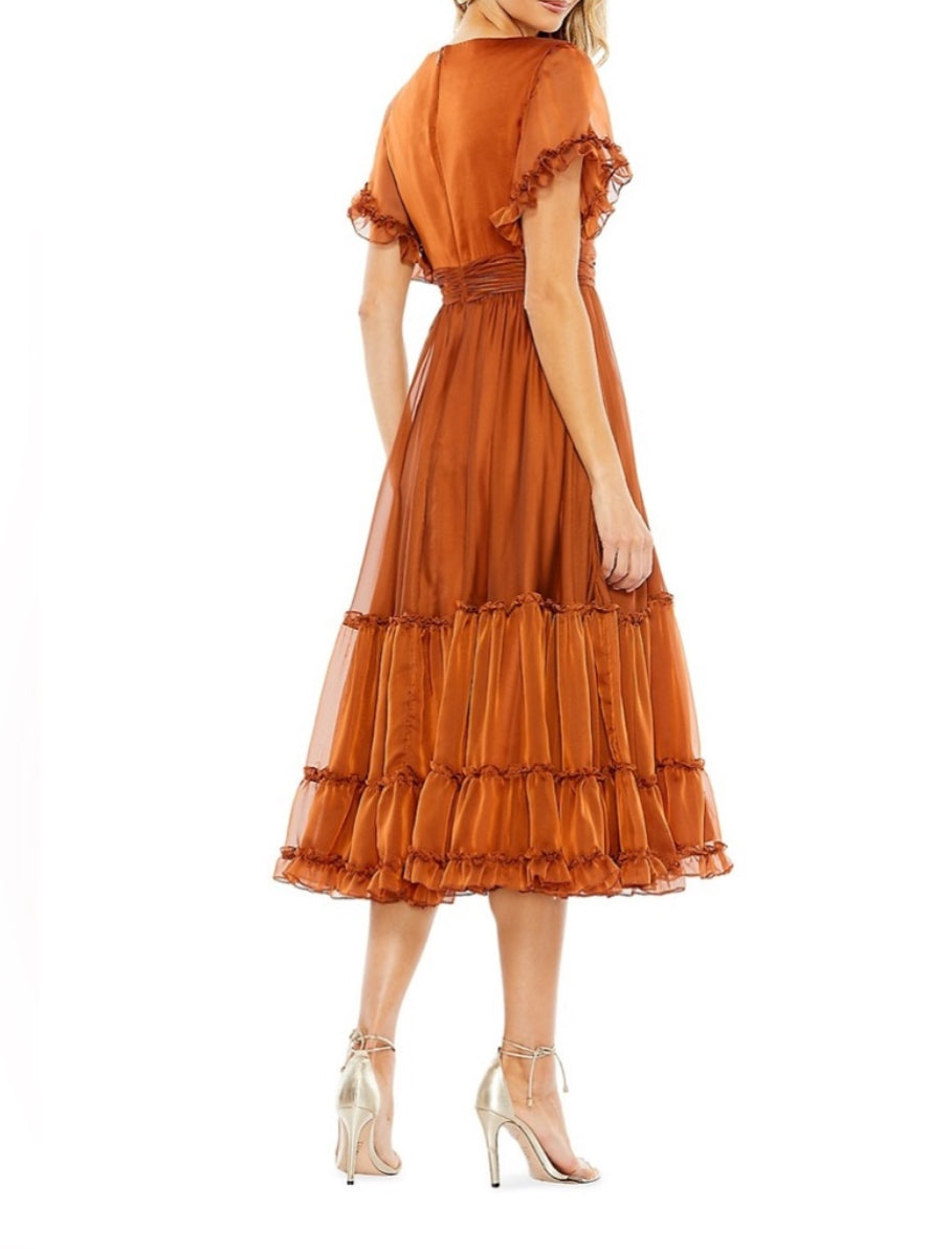 NWT Mac Duggal Ruffle-Trim Midi Dress Flutter Sleeves Rust Colored Size 16 $498