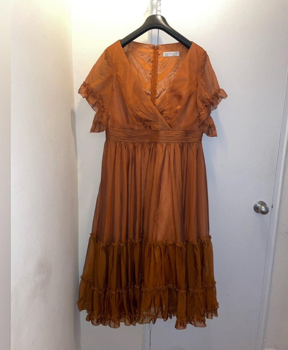 NWT Mac Duggal Ruffle-Trim Midi Dress Flutter Sleeves Rust Colored Size 16 $498