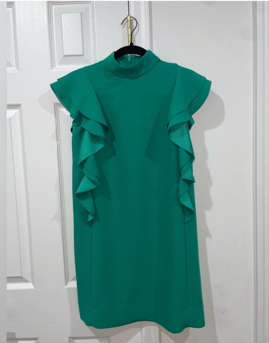 Kate Spade Emerald Green Satin Crepe Flutter Sleeve Shift Dress Size 00 $398