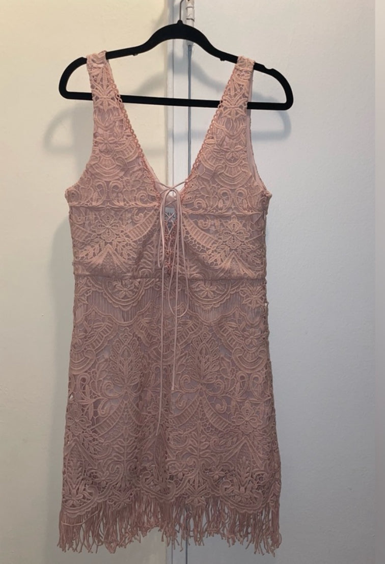 SAYLOR Elana Pink Lace V-Neck Mini Dress With Fringes Size XS