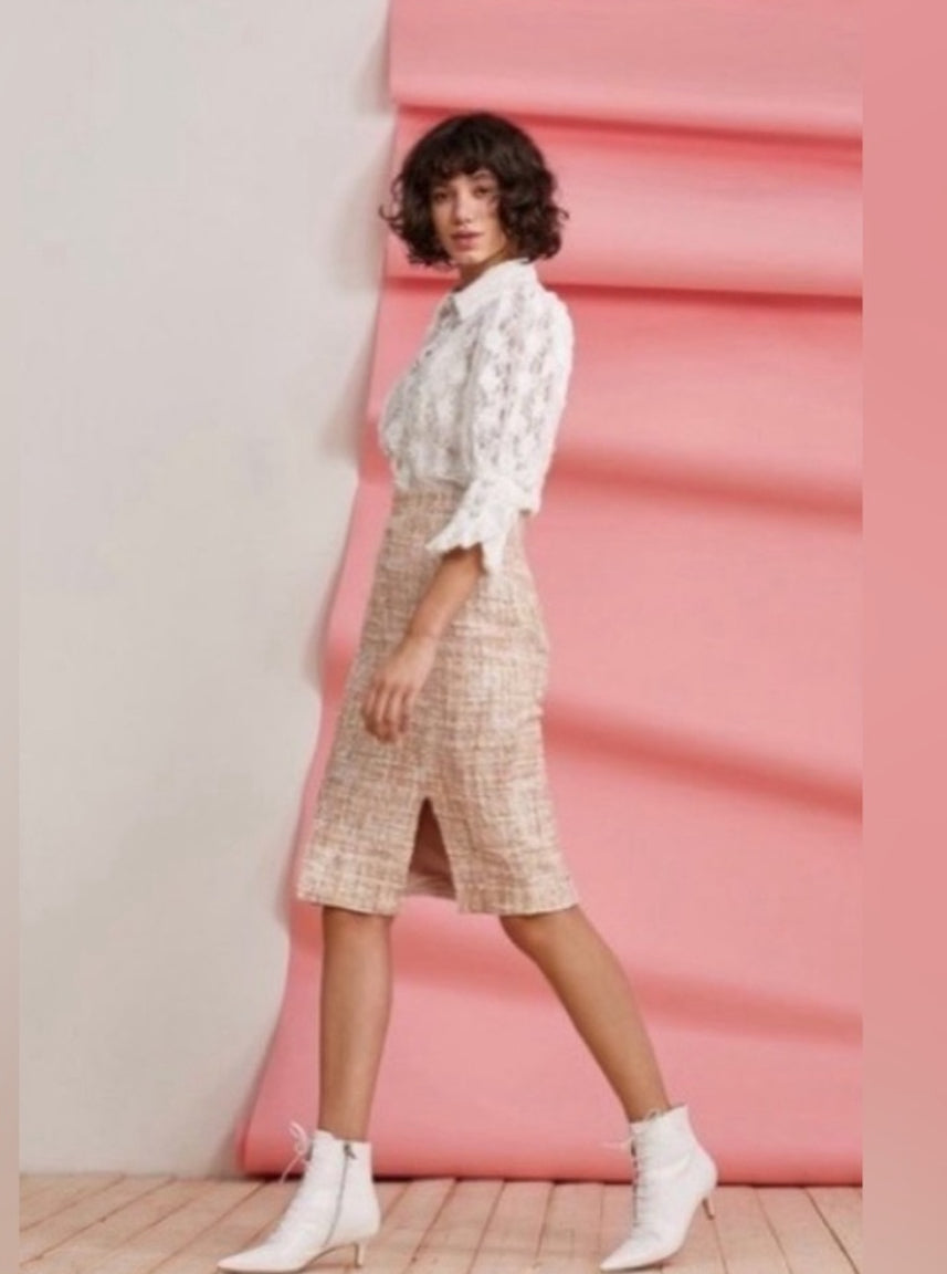 NWOT Foxiedox for ANTHROPOLOGIE Quincy Metallic Tweed Knee Length Skirt Size M