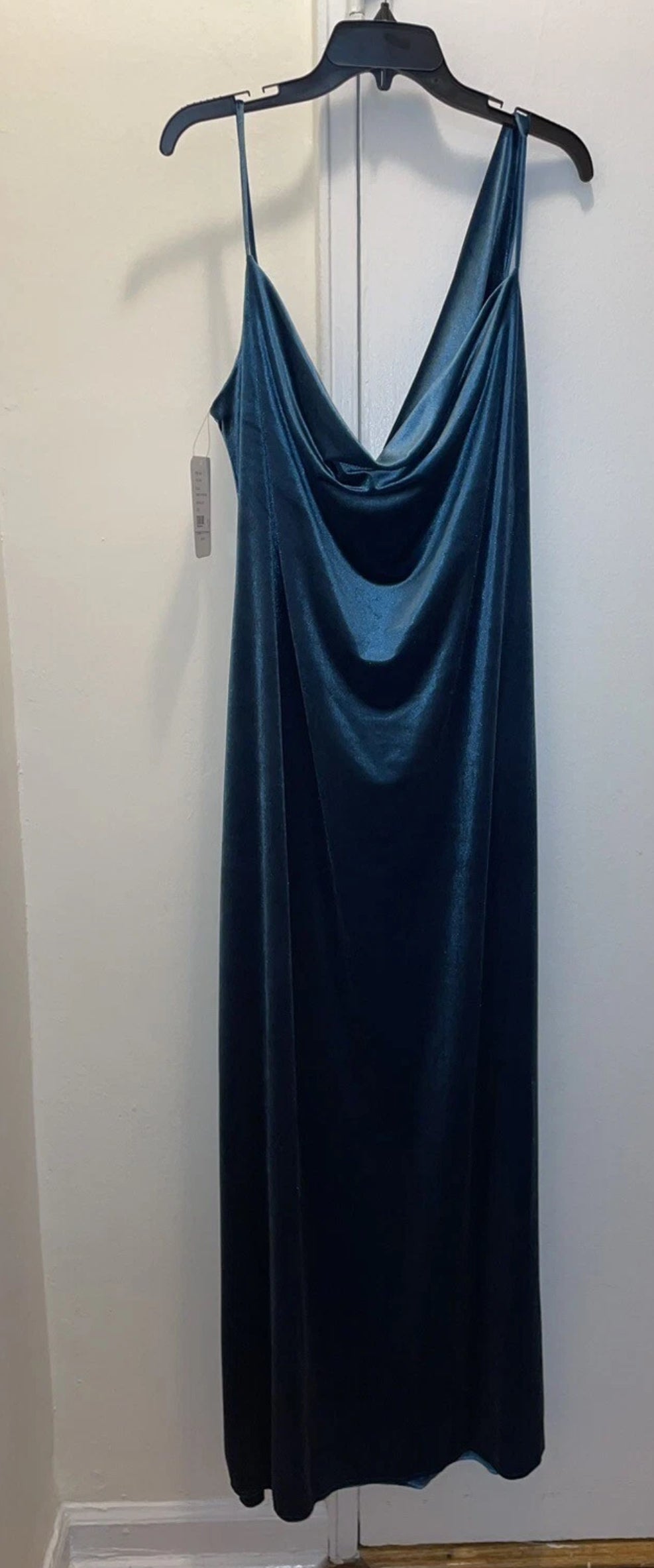 Social Bridesmaid Asymmetrical Shoulder Velvet Maxi Dress Dutch Blue Size XL