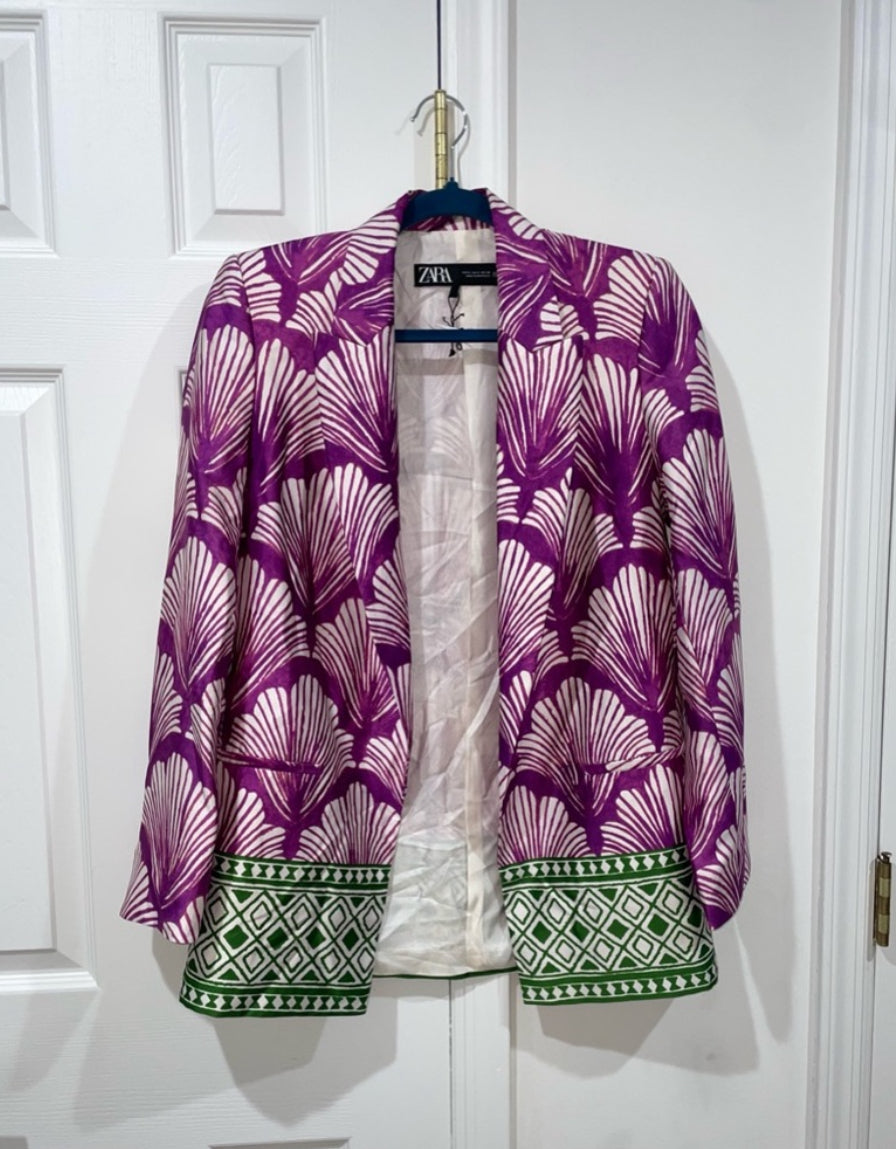 Zara Satin Effect Printed Blazer Purple Multicolor Blogger’s Favorite Size Small