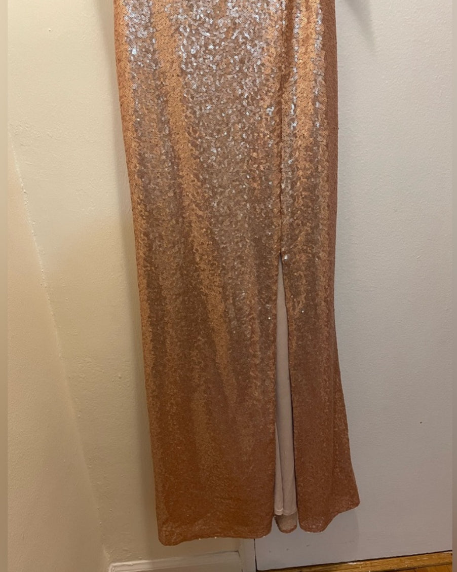 NWT DESSY COLLECTION Elle Rose Gold Sequin Maxi Dress Cowl Back Gown Size 6