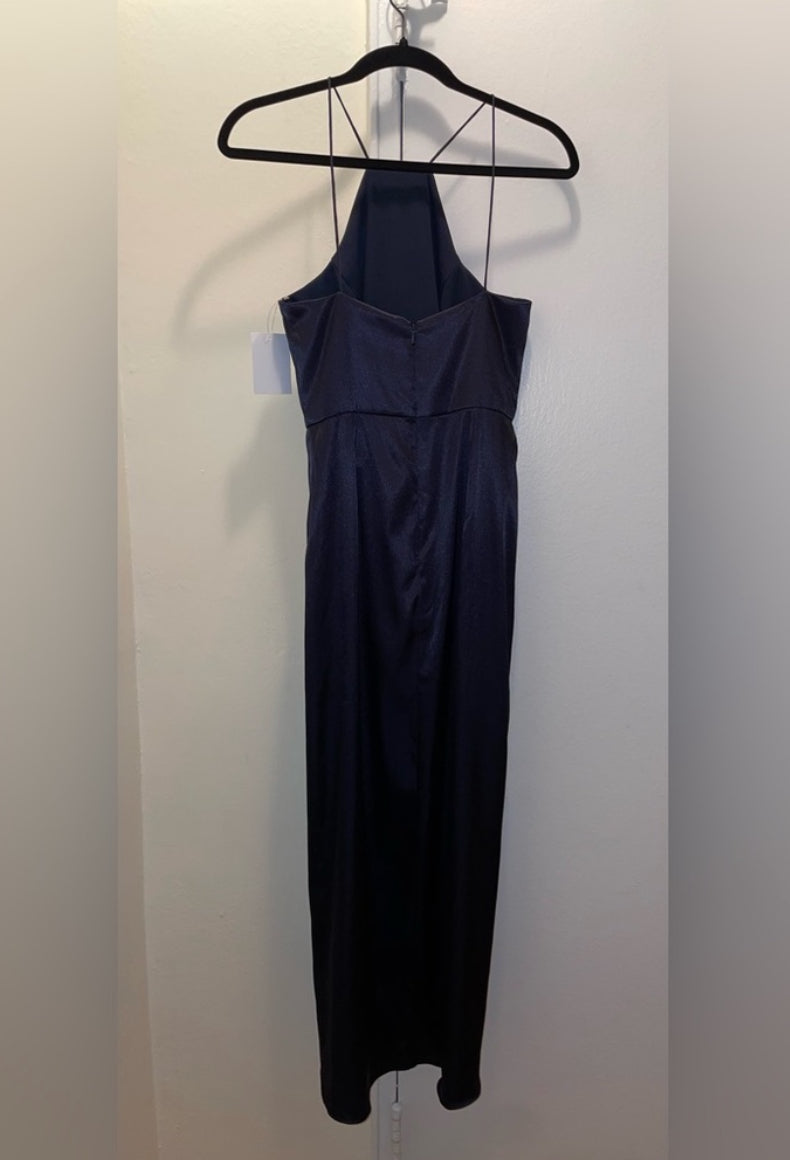 After Six Midnight Blue Charmeuse Halter Midi Dress Draped Tulip Skirt Sz 0