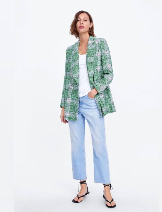 Zara Green Plaid Tweed Oversized Blazer Jacket Blogger’s Fave Size Small