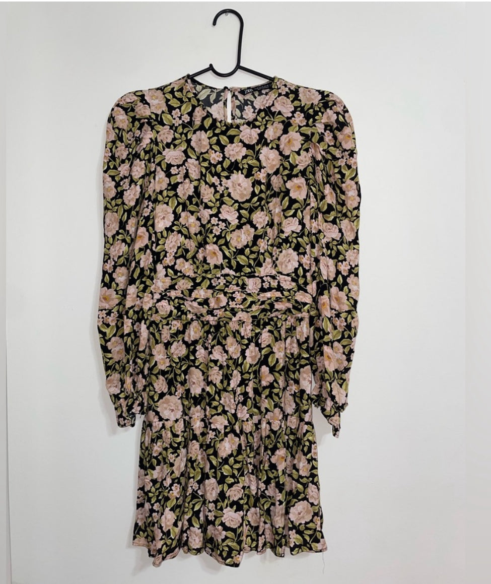 ZARA Floral Print Puff Sleeve Long Sleeve Mini Dress 8533/186 Size XS $70