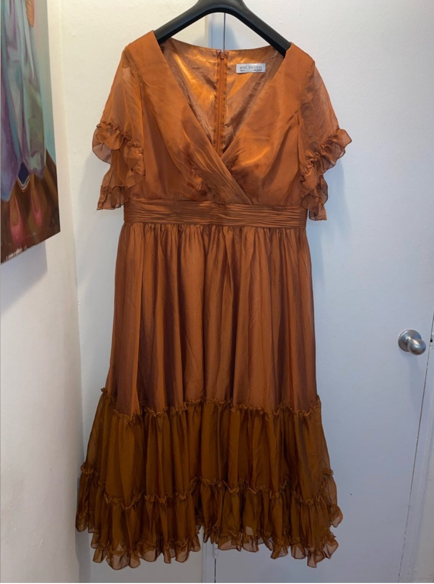 NWT Mac Duggal Ruffle-Trim Midi Dress Flutter Sleeves Rust Colored Size 16 $498