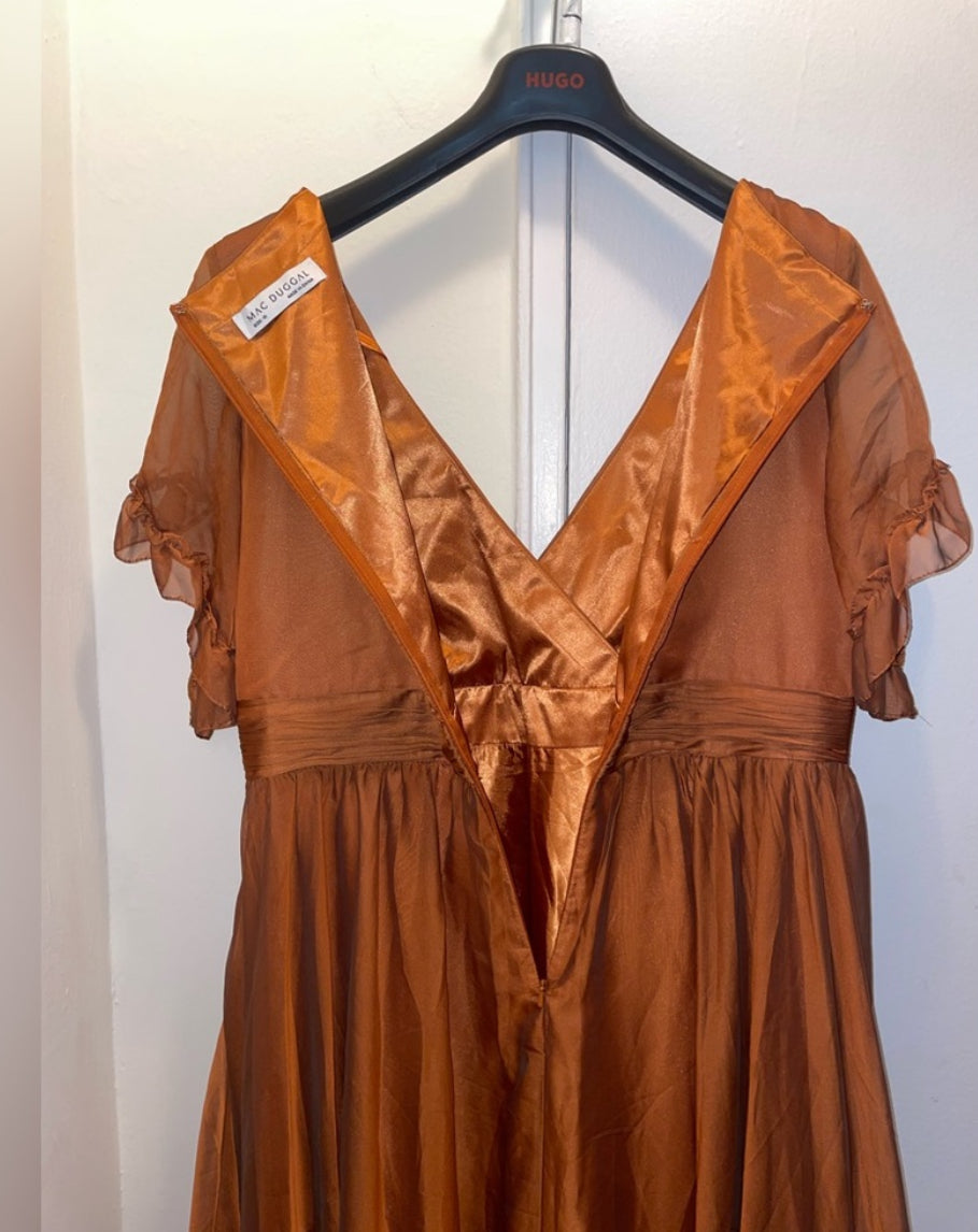 NWT Mac Duggal Ruffle-Trim Midi Dress Flutter Sleeves Rust Colored Size 16 $498