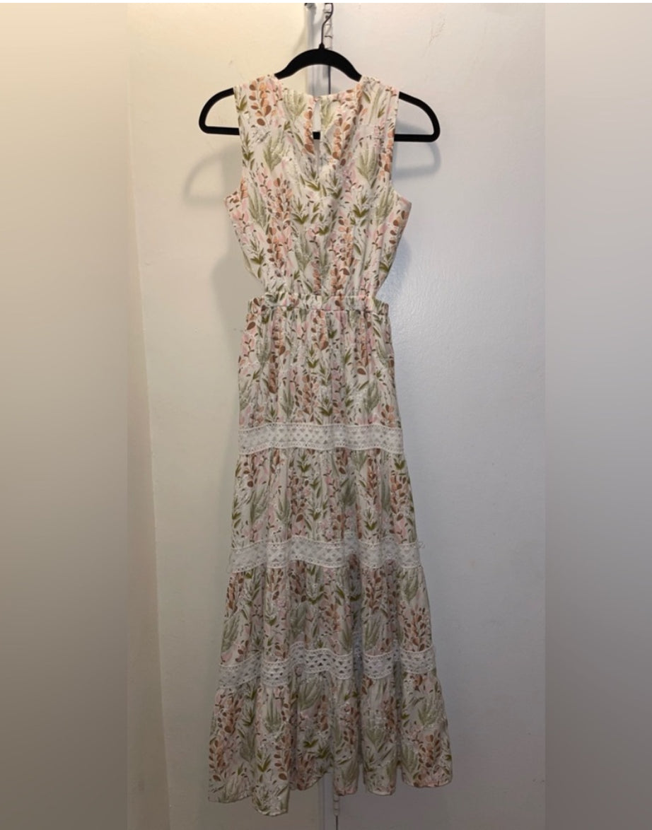 Melloday Tiered Floral Cutout Maxi Sleeveless Dress Eyelet Fit & Flare Size XS