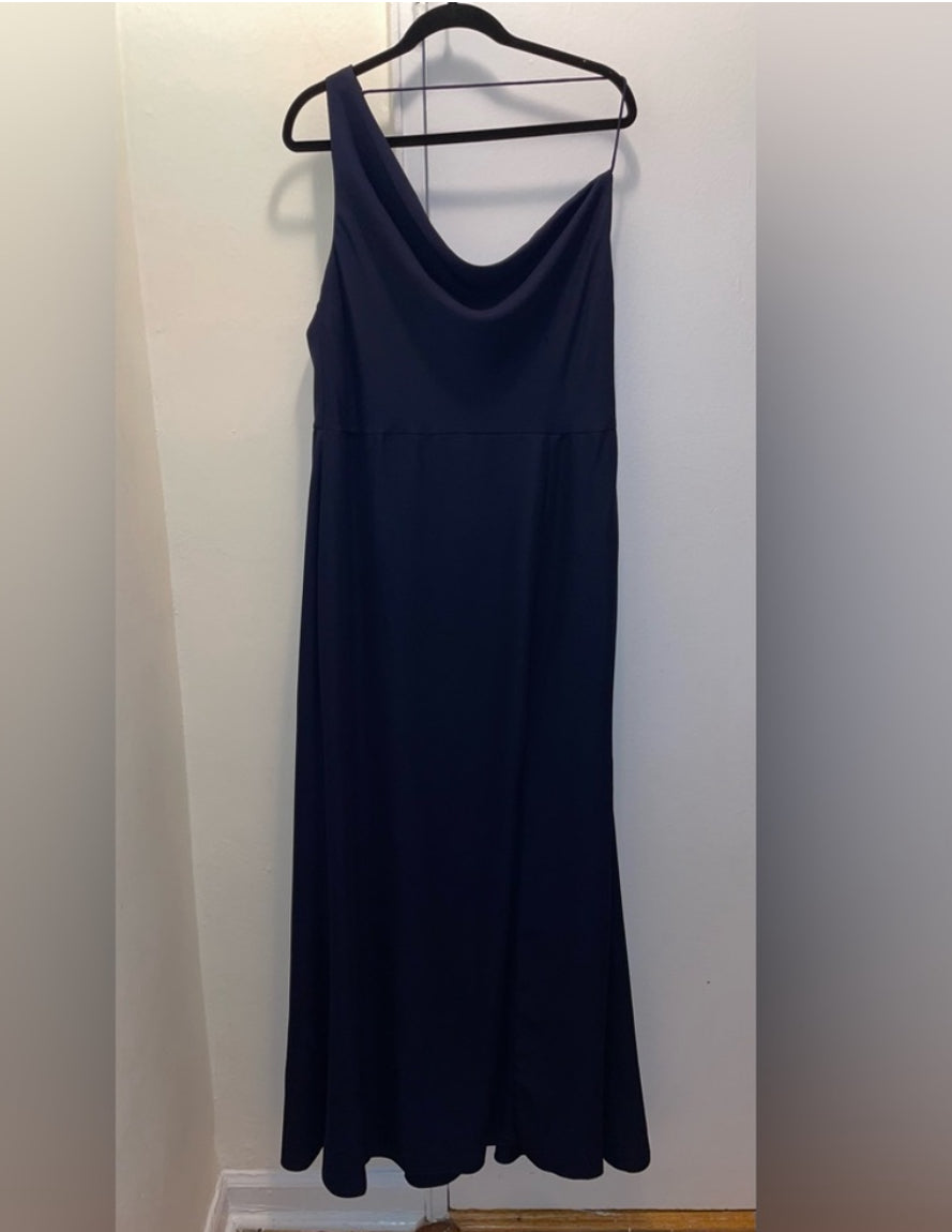 NWT After Six One Shoulder Draped Cowl Neck Maxi Dress Slit Midnight Blue Sz 16