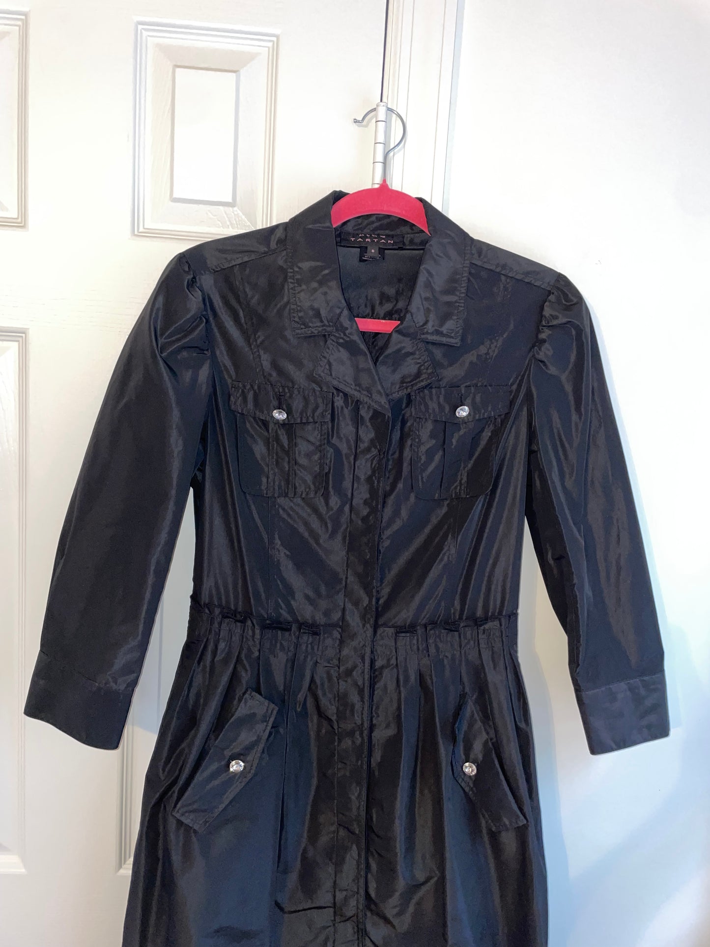 Pink Tartan Glossy Taffeta Black Collared Midi Shirt Dress Size 6