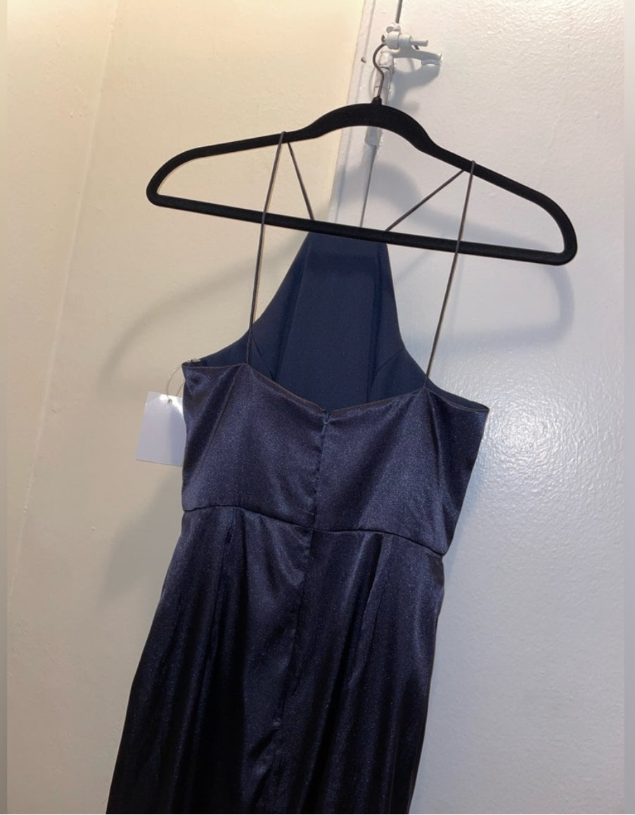 After Six Midnight Blue Charmeuse Halter Midi Dress Draped Tulip Skirt Sz 0 NWT