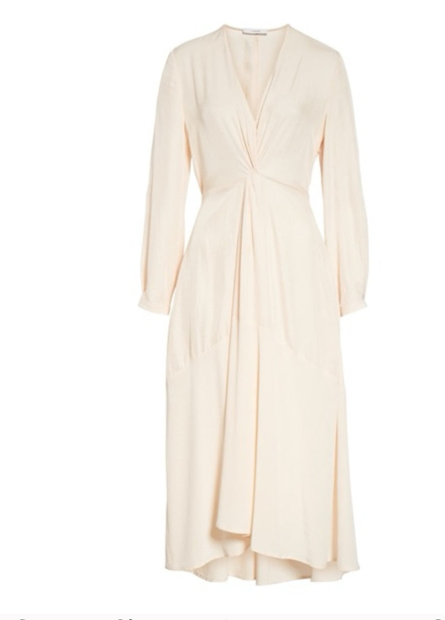 VINCE Long Sleeve Twist Drape Dress In Oat Blush V-Neck Size 2 $395