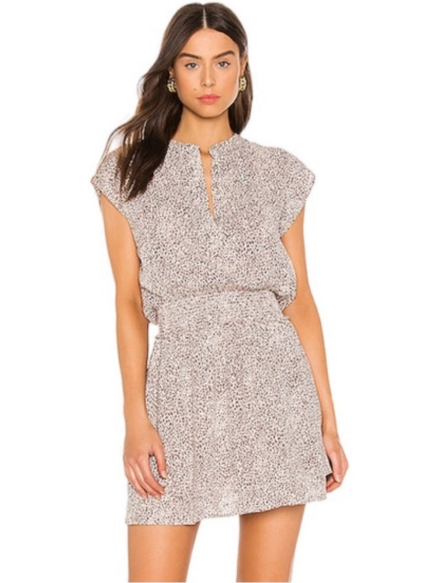 Rails Angelina Smocked Waist Tiered Mini Dress Sand Cheetah Linen Blend Size XS