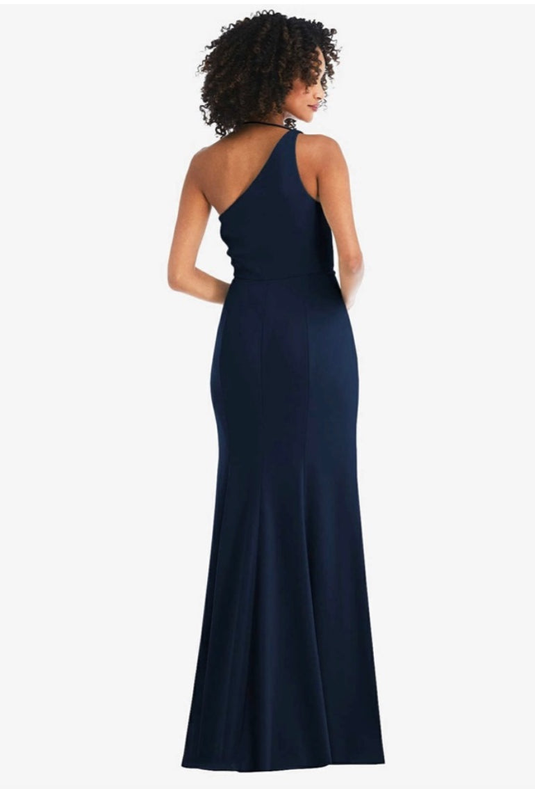 NWT After Six One Shoulder Draped Cowl Neck Maxi Dress Slit Midnight Blue Sz 16