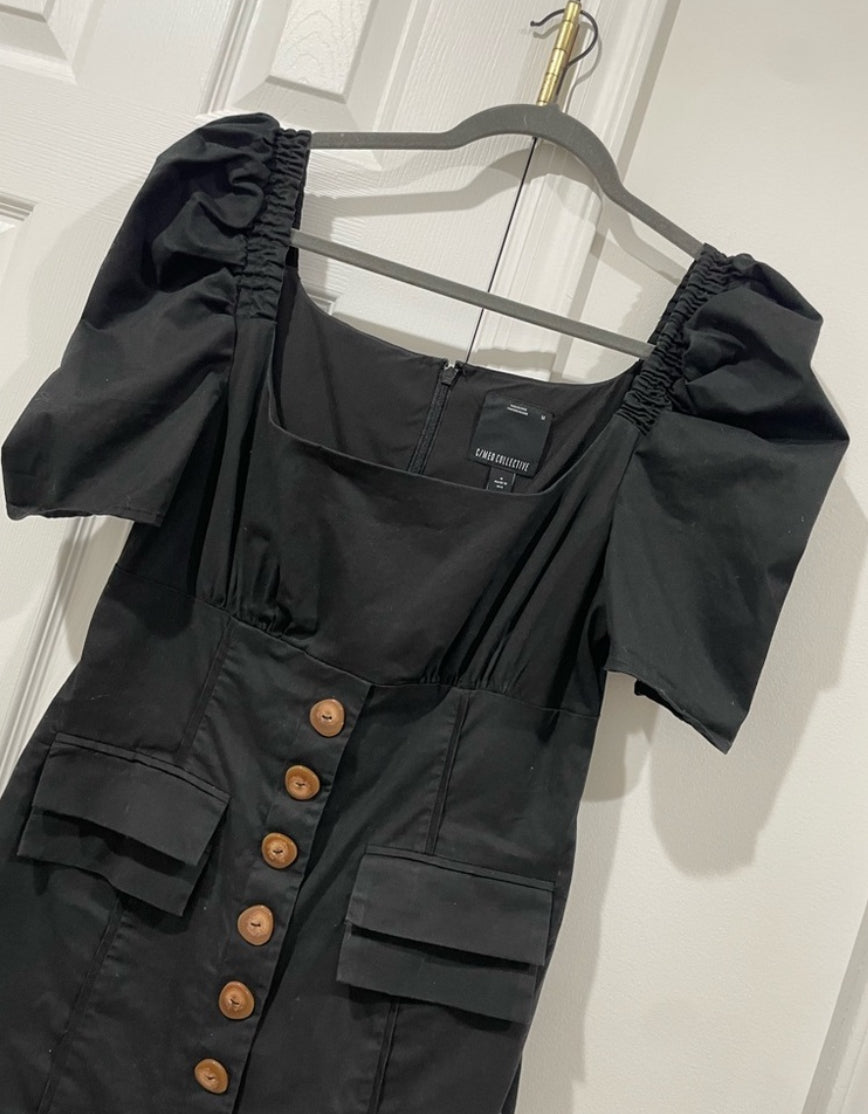 C/MEO Collective Subscribe Dress Black Puff Sleeve Mini Square Neck Size Medium