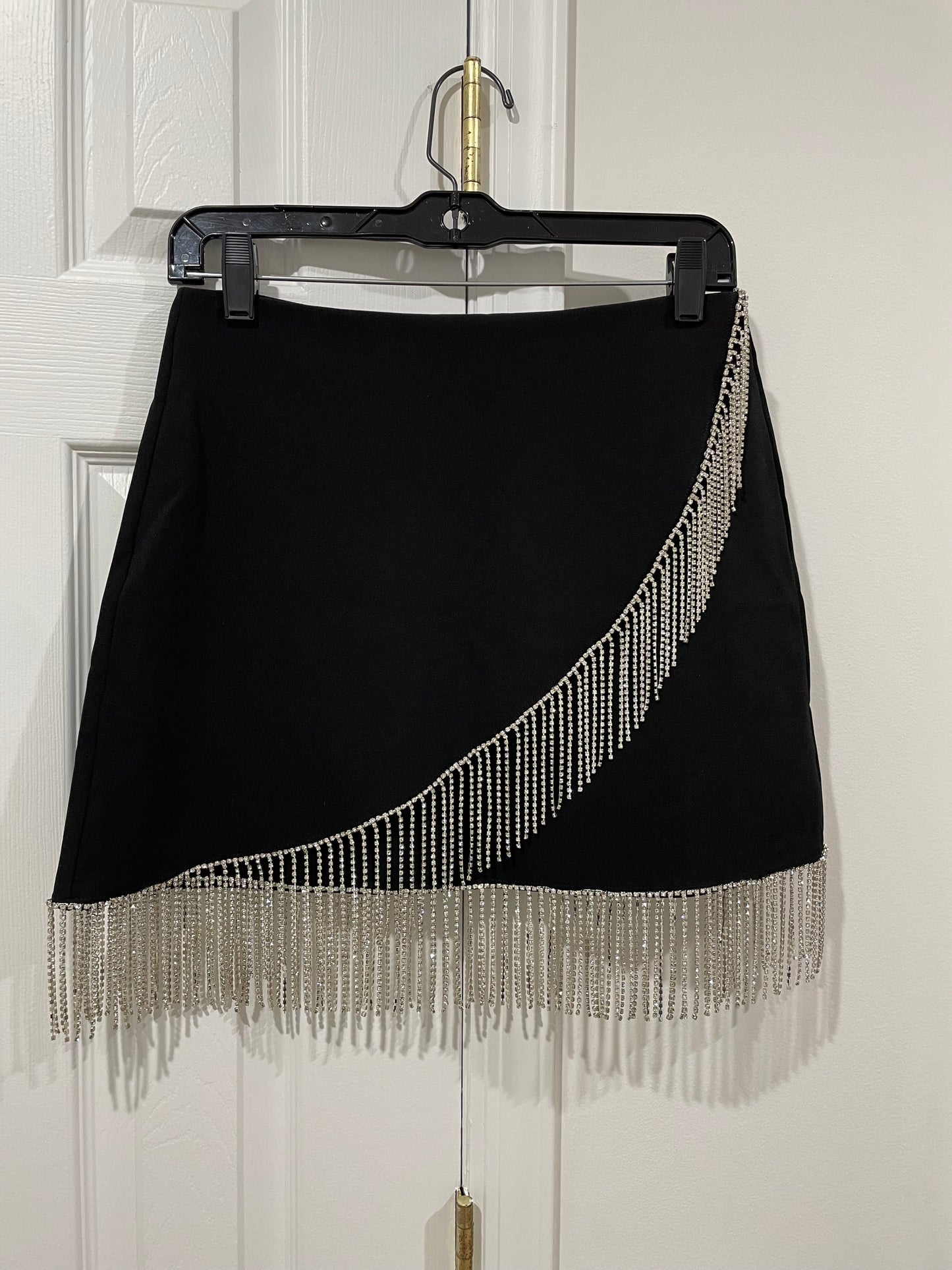 FORE Women's Rhinestone Fringe Black Mini Skirt Size Small $98