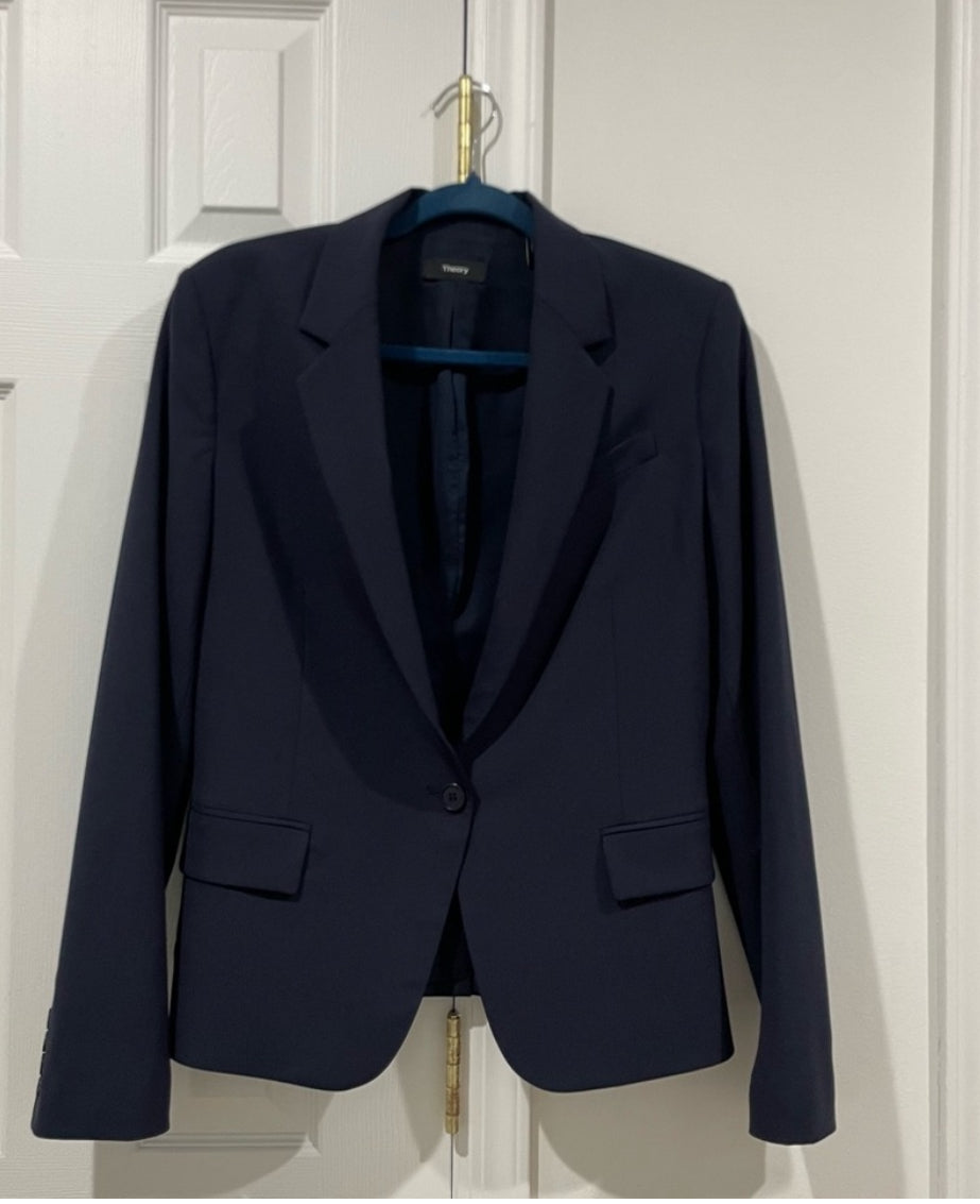 Theory Gabe N Edition Deep Blue Virgin Wool Slim Fit Blazer Size 10 $425