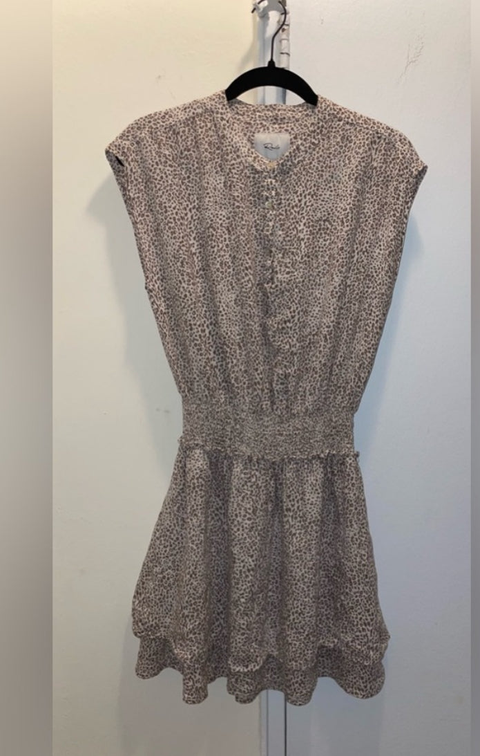 Rails Angelina Smocked Waist Tiered Mini Dress Sand Cheetah Linen Blend Size XS