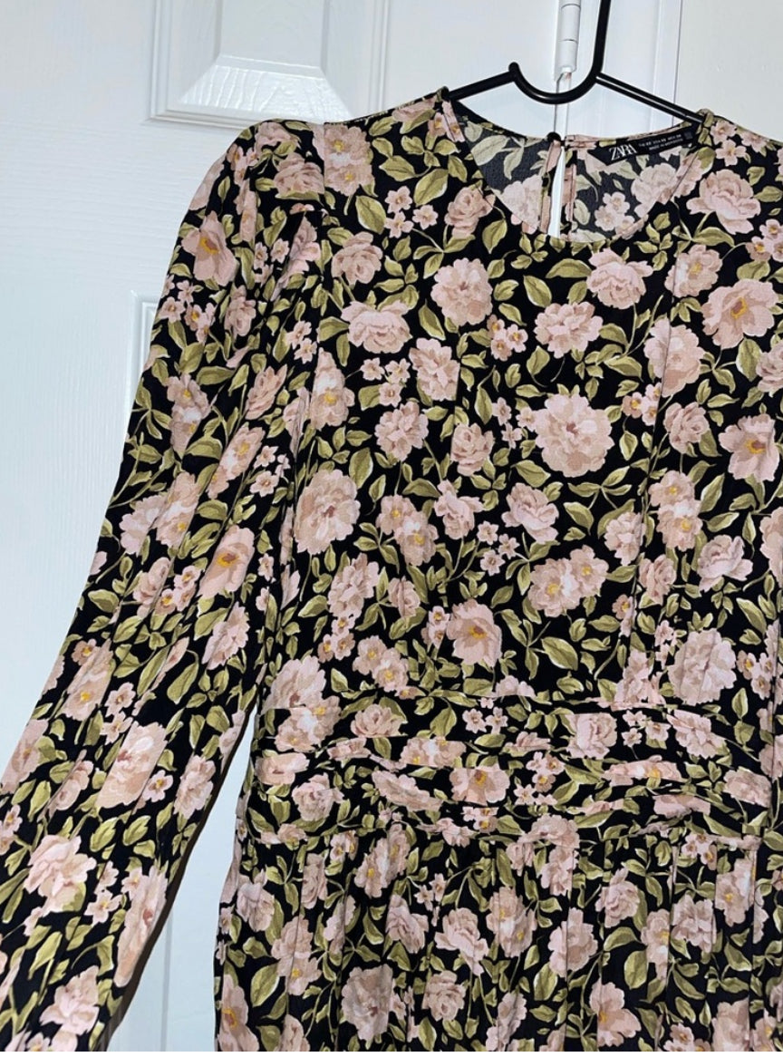 ZARA Floral Print Puff Sleeve Long Sleeve Mini Dress 8533/186 Size XS $70