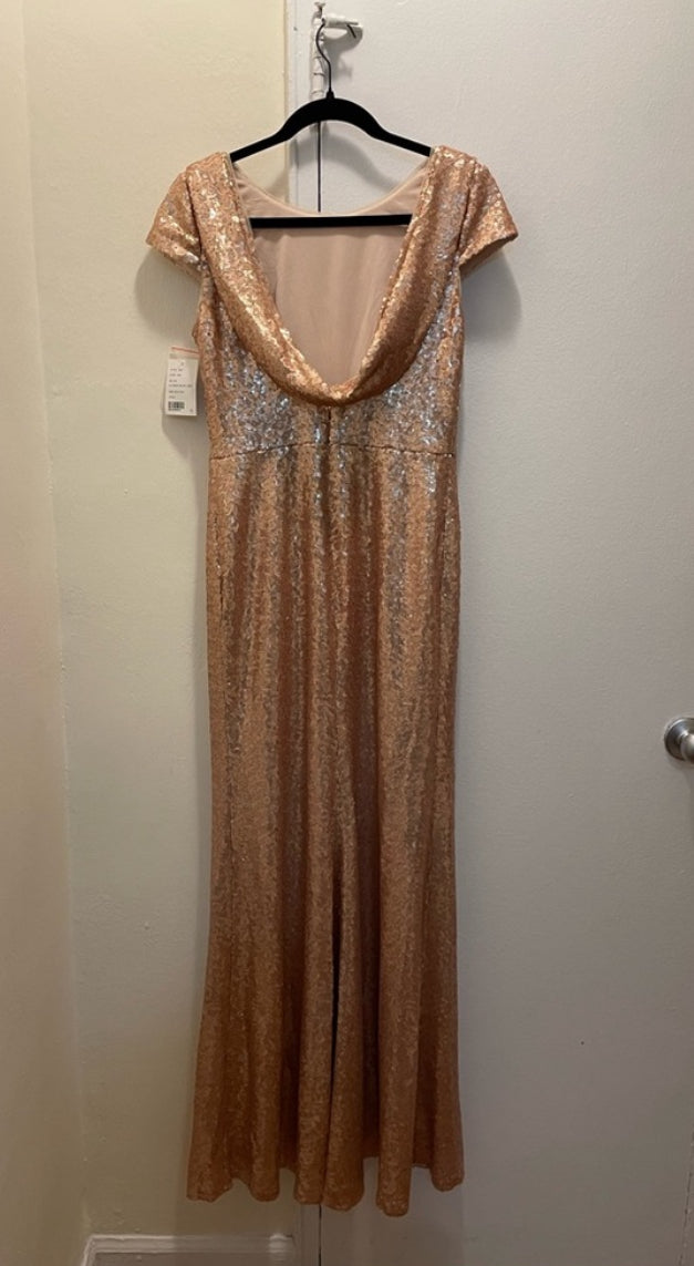 NWT DESSY COLLECTION Elle Rose Gold Sequin Maxi Dress Cowl Back Gown Size 6