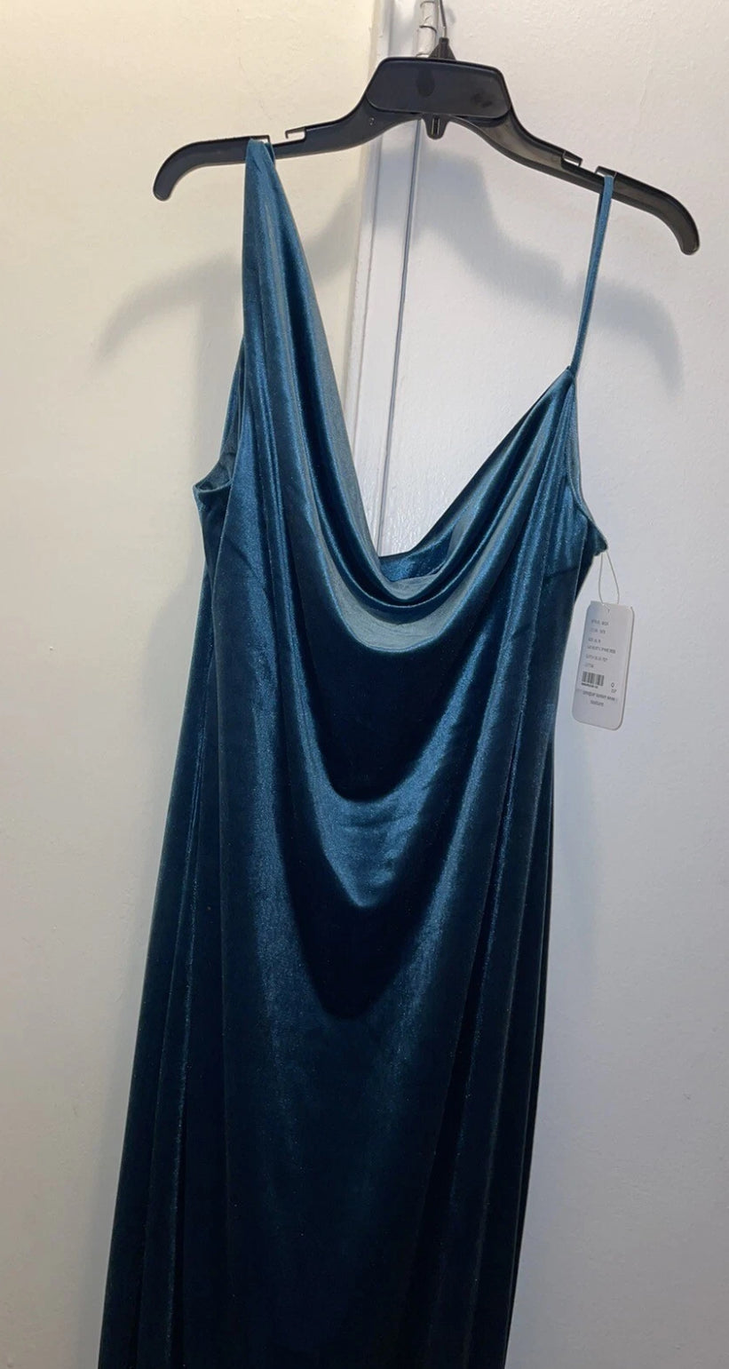 Social Bridesmaid Asymmetrical Shoulder Velvet Maxi Dress Dutch Blue Size XL