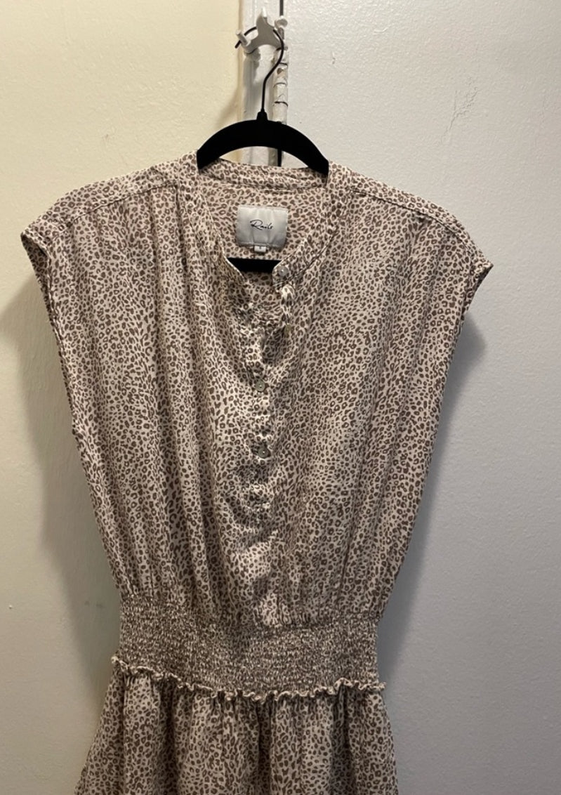 Rails Angelina Smocked Waist Tiered Mini Dress Sand Cheetah Linen Blend Size XS