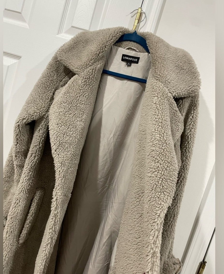 Lamarque Malani Taupe Oversized Faux Fur Sherpa Teddy Coat Size Medium $325