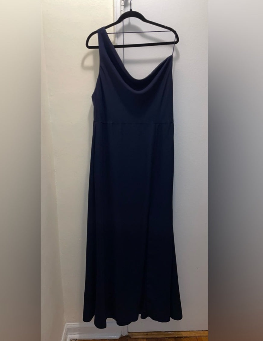 NWT After Six One Shoulder Draped Cowl Neck Maxi Dress Slit Midnight Blue Sz 16