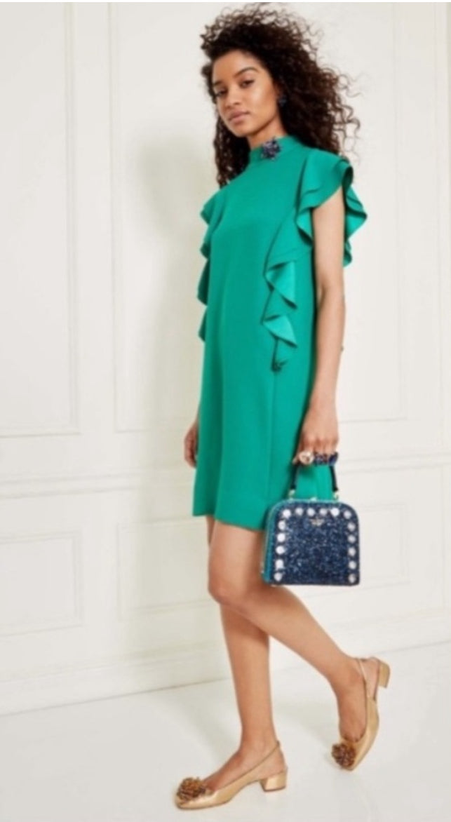 Kate Spade Emerald Green Satin Crepe Flutter Sleeve Shift Dress Size 00 $398