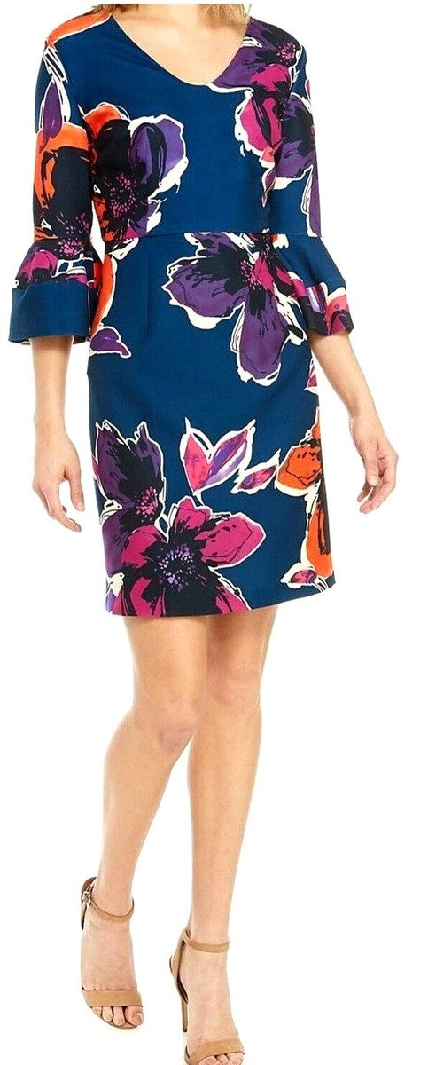Trina Turk Mamie Blue Floral Bell Sleeve V-Neck Dress Size 0 $168