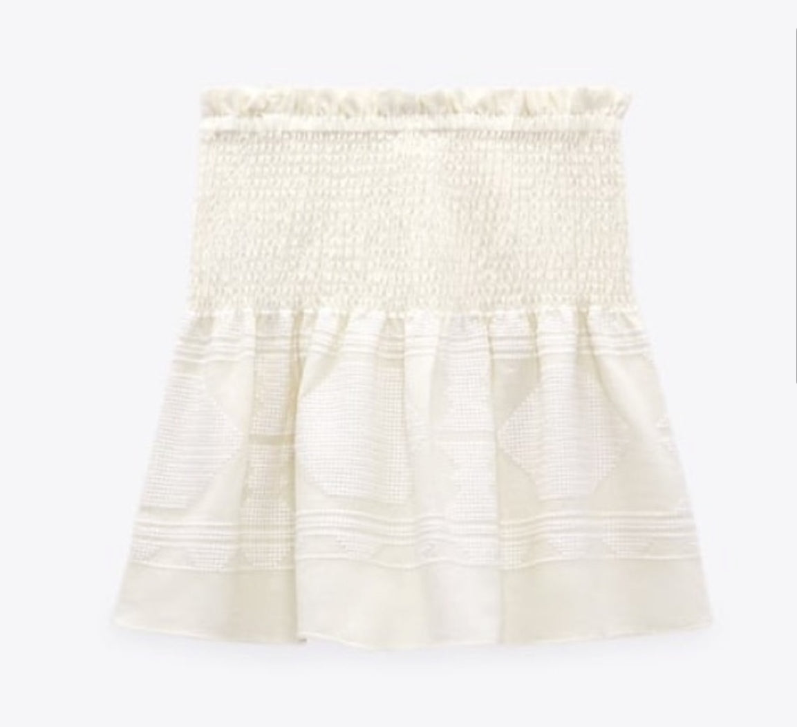 Zara Cream Linen Blend Short Mini Skirt Smocked Waist Size Medium