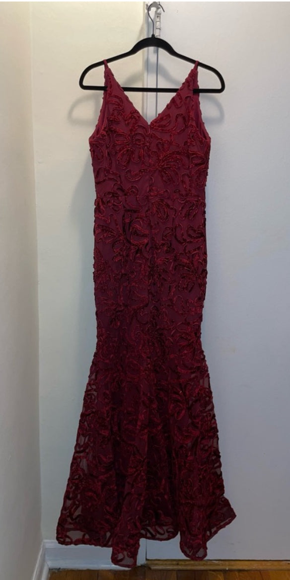 XSCAPE Flocked Velvet Mesh Formal Evening Gown Mermaid Dress Wine Red Sz 8 $258