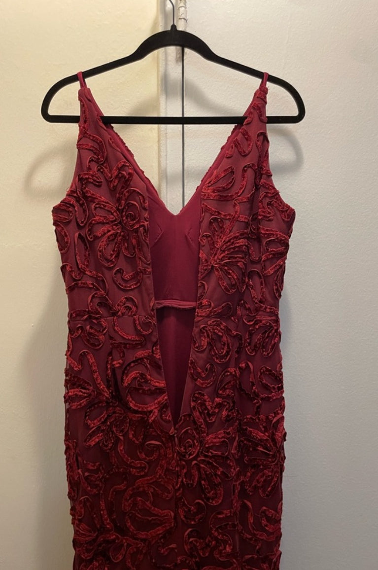 XSCAPE Flocked Velvet Mesh Formal Evening Gown Mermaid Dress Wine Red Sz 8 $258