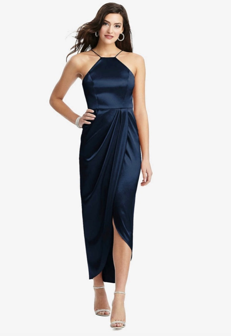 After Six Midnight Blue Charmeuse Halter Midi Dress Draped Tulip Skirt Sz 0