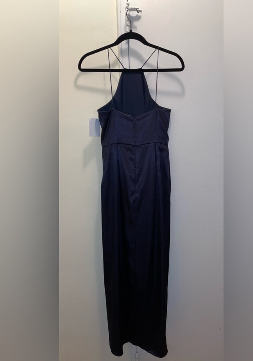 After Six Midnight Blue Charmeuse Halter Midi Dress Draped Tulip Skirt Sz 0