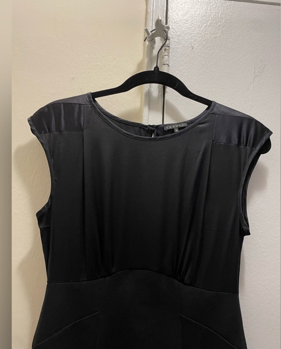 Theory Black Fitted Sheath Dress Scoop Neck Satin Bodice LBD Size 2
