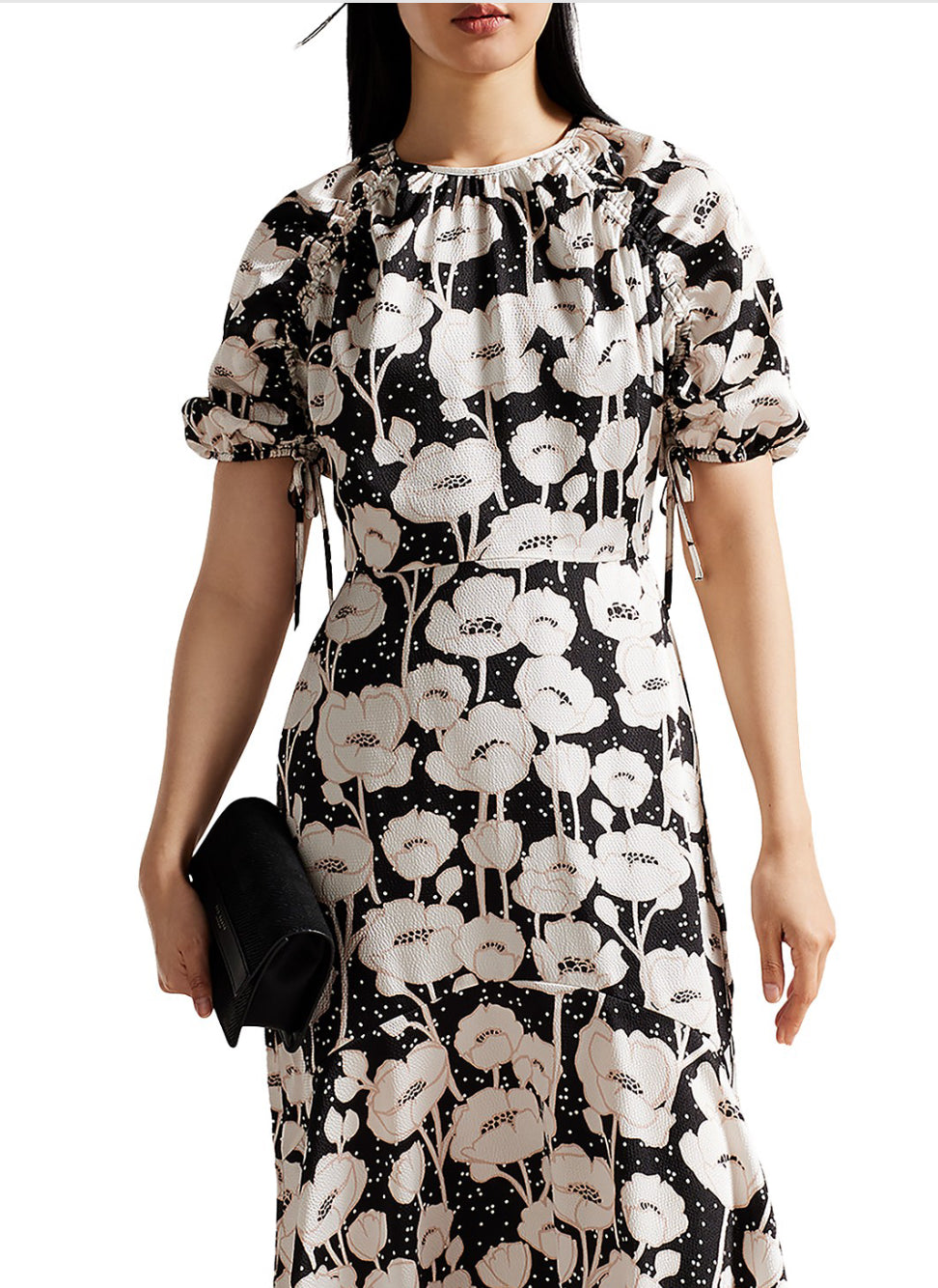 Ted Baker Abriee Puff Sleeve Textured Floral Midi Dress Size 0/US Size 2 $325
