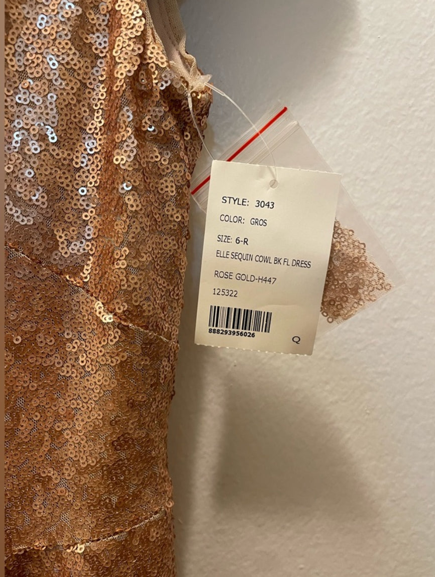 NWT DESSY COLLECTION Elle Rose Gold Sequin Maxi Dress Cowl Back Gown Size 6