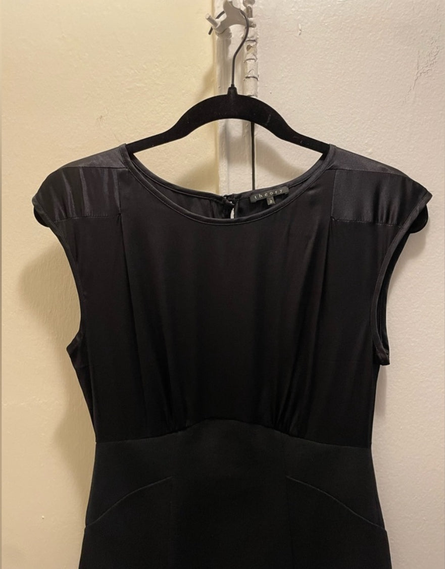 Theory Black Fitted Sheath Dress Scoop Neck Satin Bodice LBD Size 2