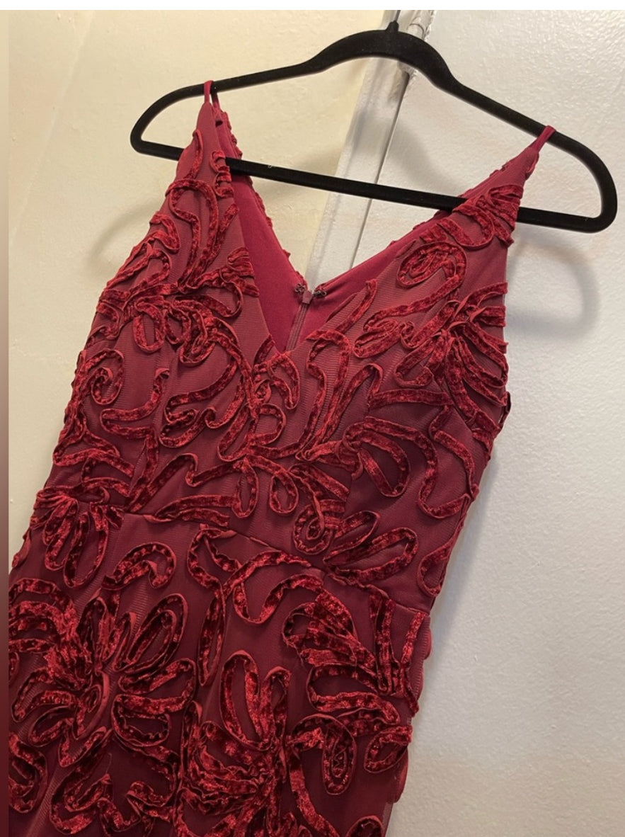 XSCAPE Flocked Velvet Mesh Formal Evening Gown Mermaid Dress Wine Red Sz 8 $258